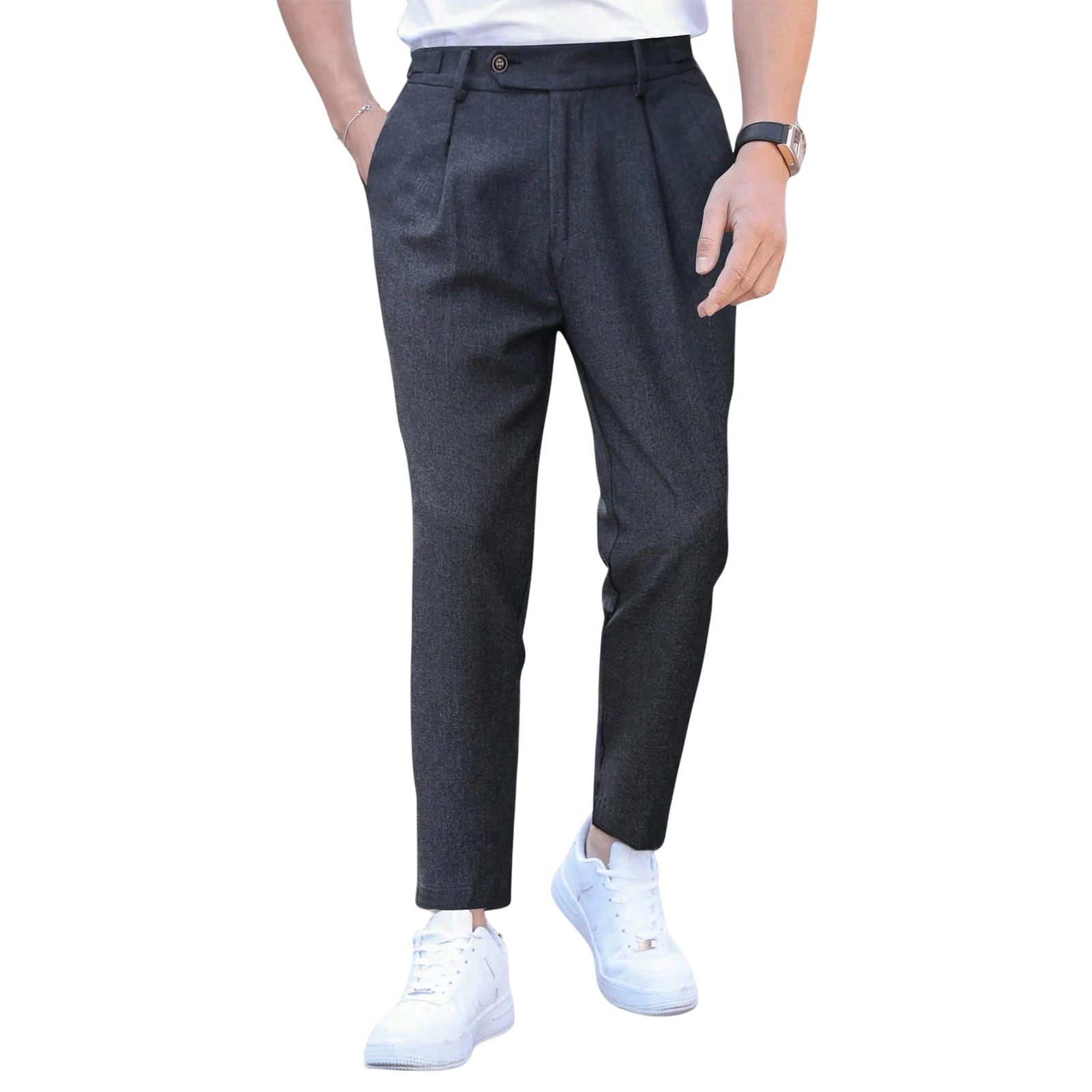 Men Mid‑Waist Pleated Suit Trousers Side Adjustable Buckle Regular Fit Full Length Smart Casual Business Dress Pants