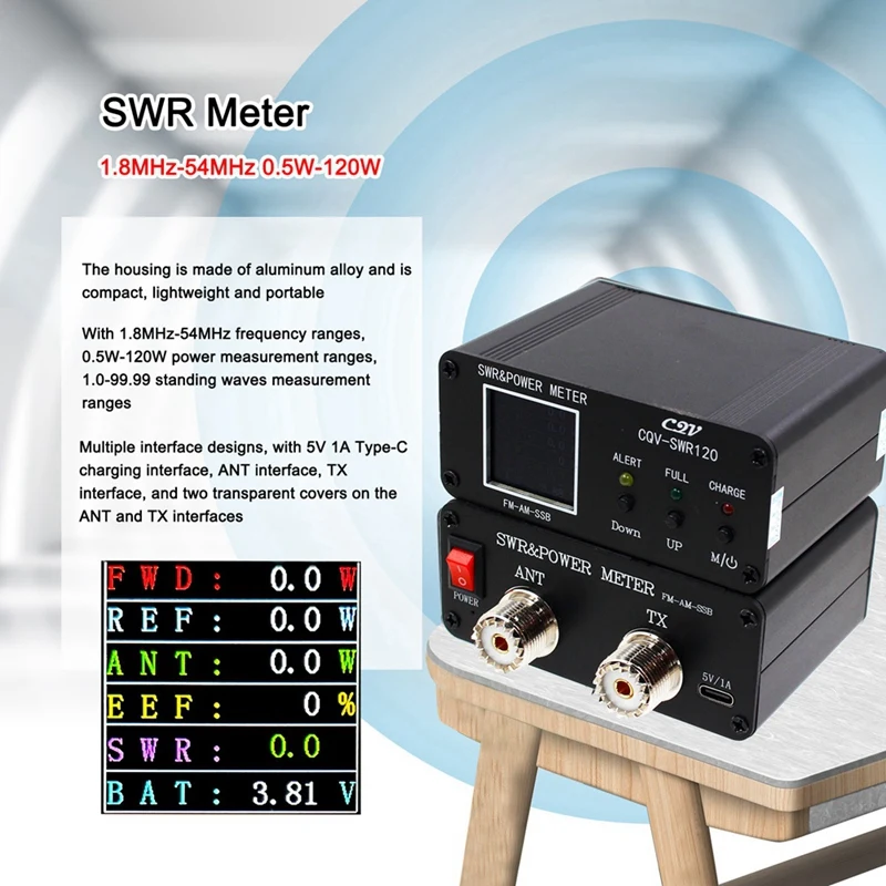 CQV-SWR120 Standing Wave Meter 240X240 Color HD Display 120W FM-AM-SSB 1.8Mhz To 54Mhz High Standing Wave Alarm Function Durable