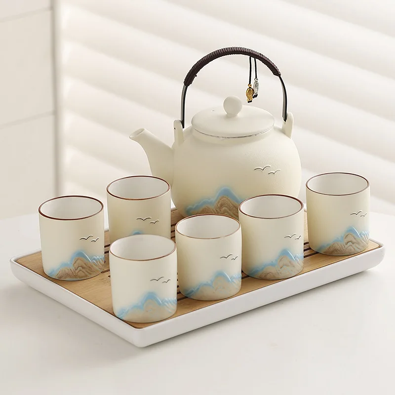 Ceramic matte glaze large-capacity beam pot tea set Japanese simple relief distant mountain teapot cup set