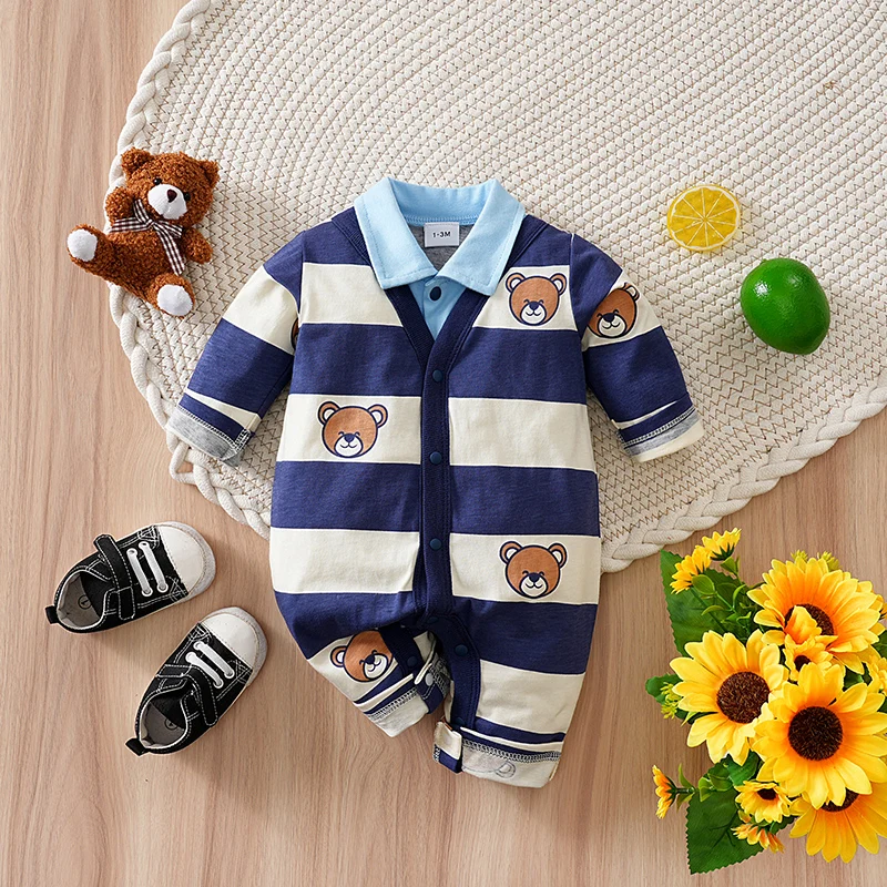 0-24M Baby Boys Romper Long Sleeve Striped Bear Print Cotton Bodysuit with Fake Layered Collar Cute Casual Outfit