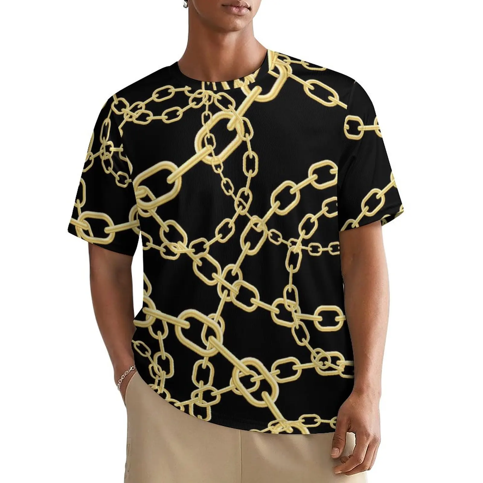 Gold Chain T Shirt For Couple Links Print Custom O Neck T Shirts Summer Hip Hop Clothes Short Sleeve Classic Oversized Tee Shirt