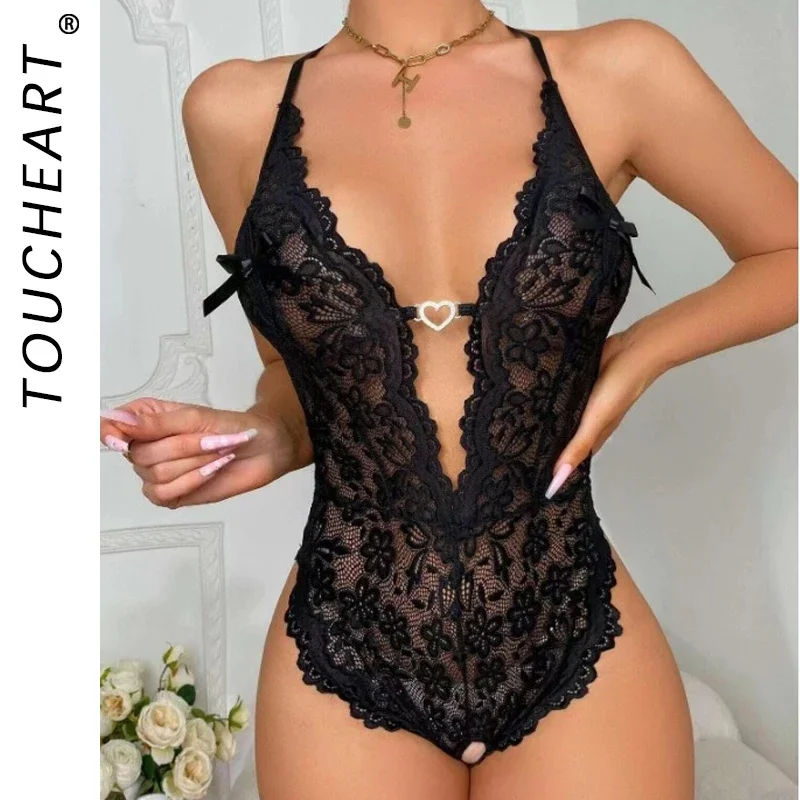 

Toucheart Open Crotch Lingerie Women Black Lace Bow Mesh Bra Sexy Costumes Deep V Neck Teddy Babydoll Dress Porno Underwear Set