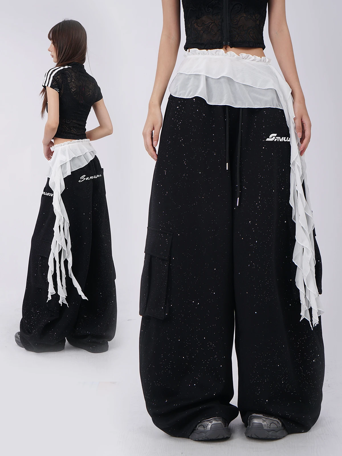 2026 New White Lace Tassel Overlap Skirt Jazz Dance Accessories Women's American Hot Girl Long Straight Loose High Waist Skirt
