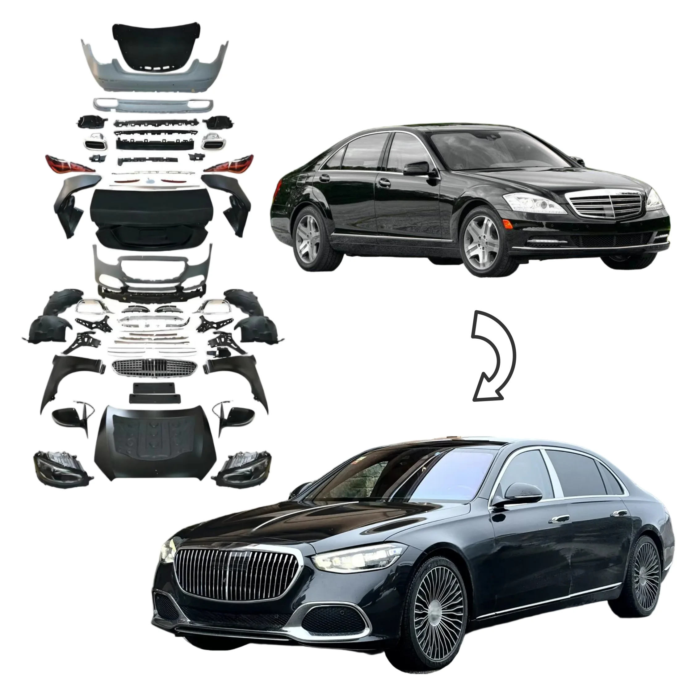 

Комплект обвесов по заводской цене для Mercedes-Benz S-класса W221 (2006-2013), обновление до W223 MBH. Новые автозапчасти: бамперы, пороги, фары.