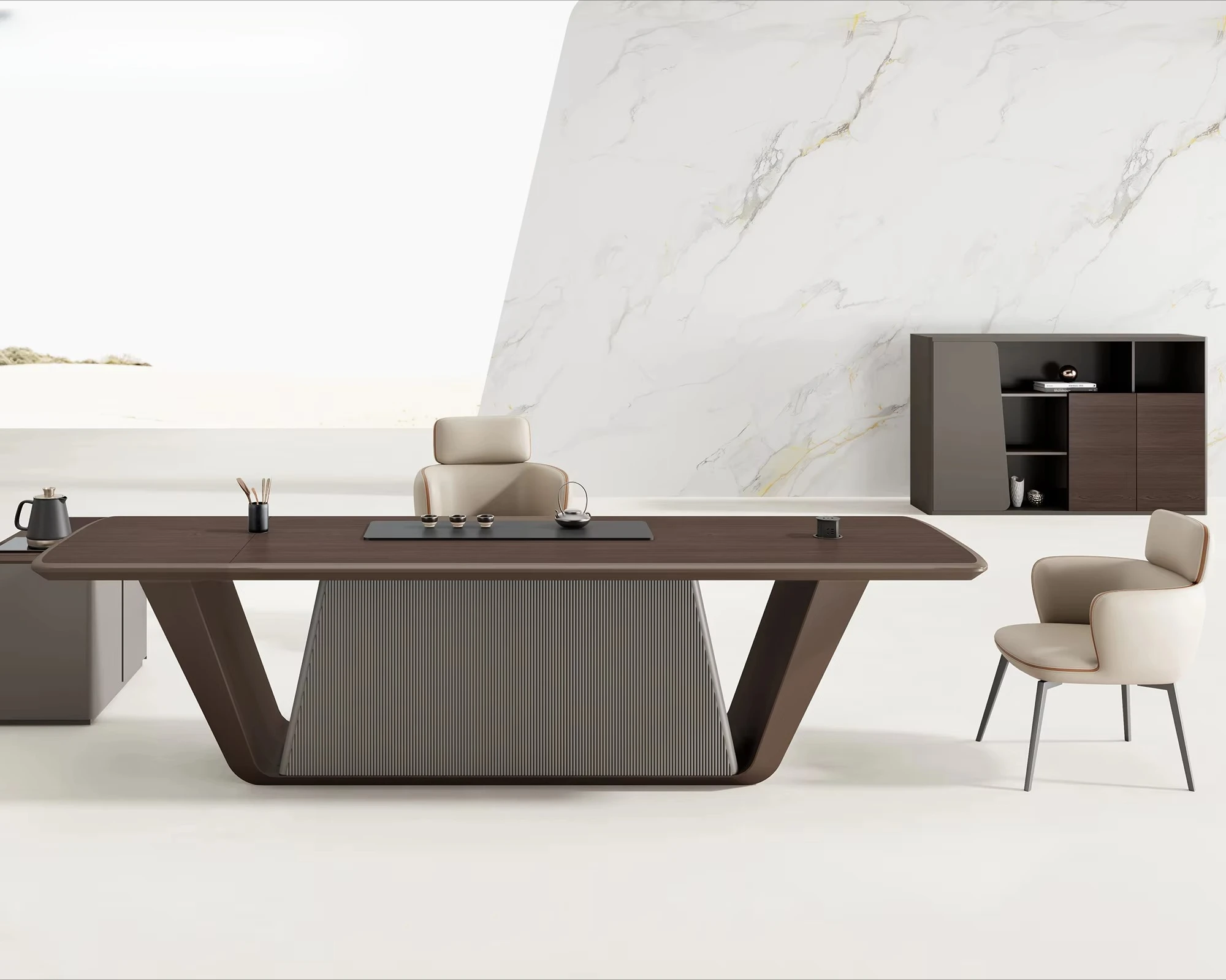 #`Modern Luxury Executive Office Desk with Integrated Tea Table, Unique V-Shape Legs, Solid Wood Boss Table for Office Reception