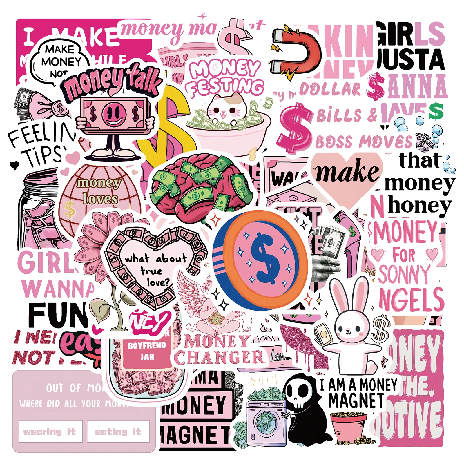 50pcs Pink Money Stickers for Planner for Adults for Water Bottle Money Sign Symbol Stickers Party Favors Gift for Women & Men