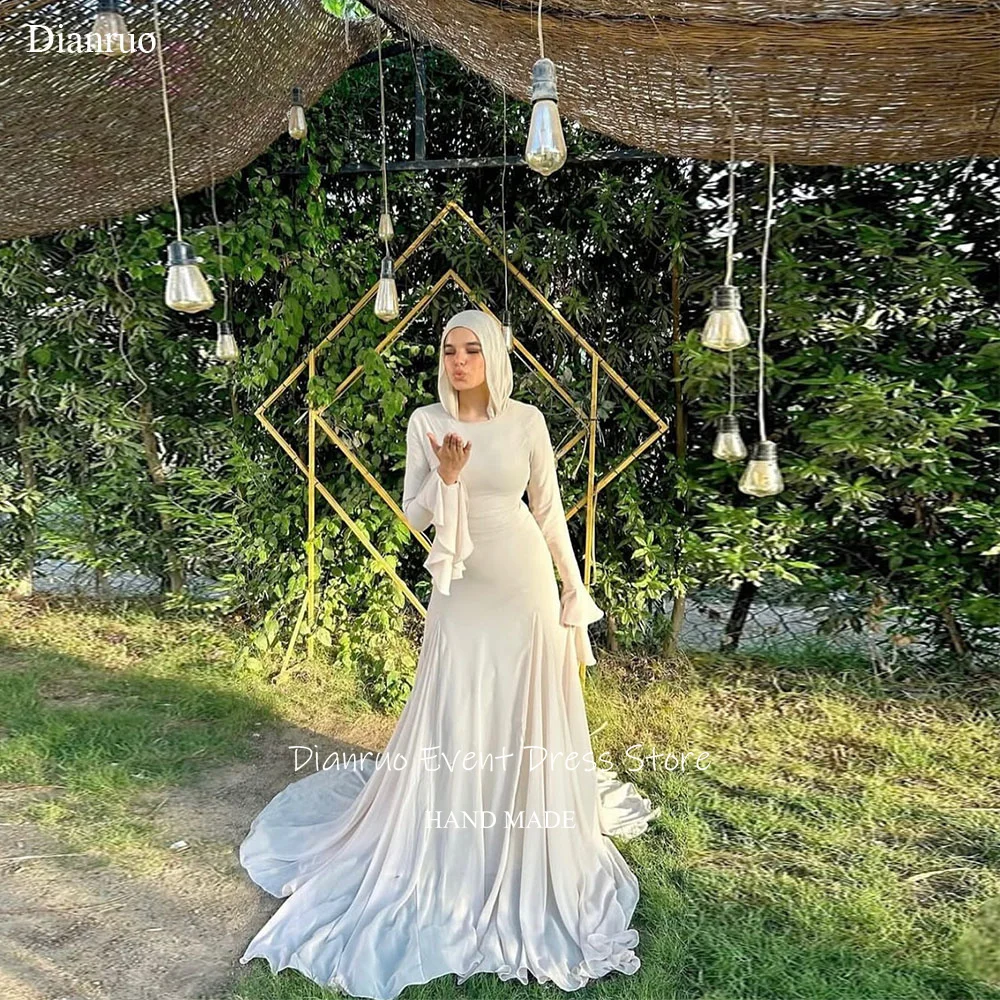 فستان سهرة أنيق مكشكش من Dianruo شيفون بأكمام طويلة فستان حفلات عربي ثنيات فستان زفاف إسلامي مخصص للضيوف