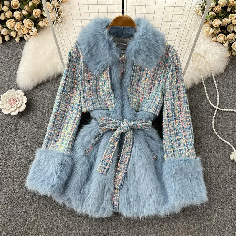 Autumn Winter Retro Temperament Medium Long Thick Tweed Stitching Imitation Fox Fur Coat Lady Fashion Quilted Woolen Jacket T131