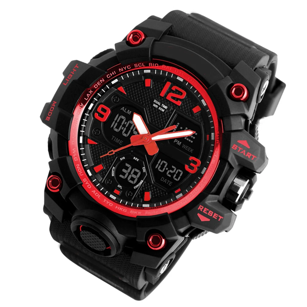 

Waterproof Digital Sports Watch Multifunction Electronic Wristwatch With Timer Alarm Night Light Red Pu Band Stainless Steel
