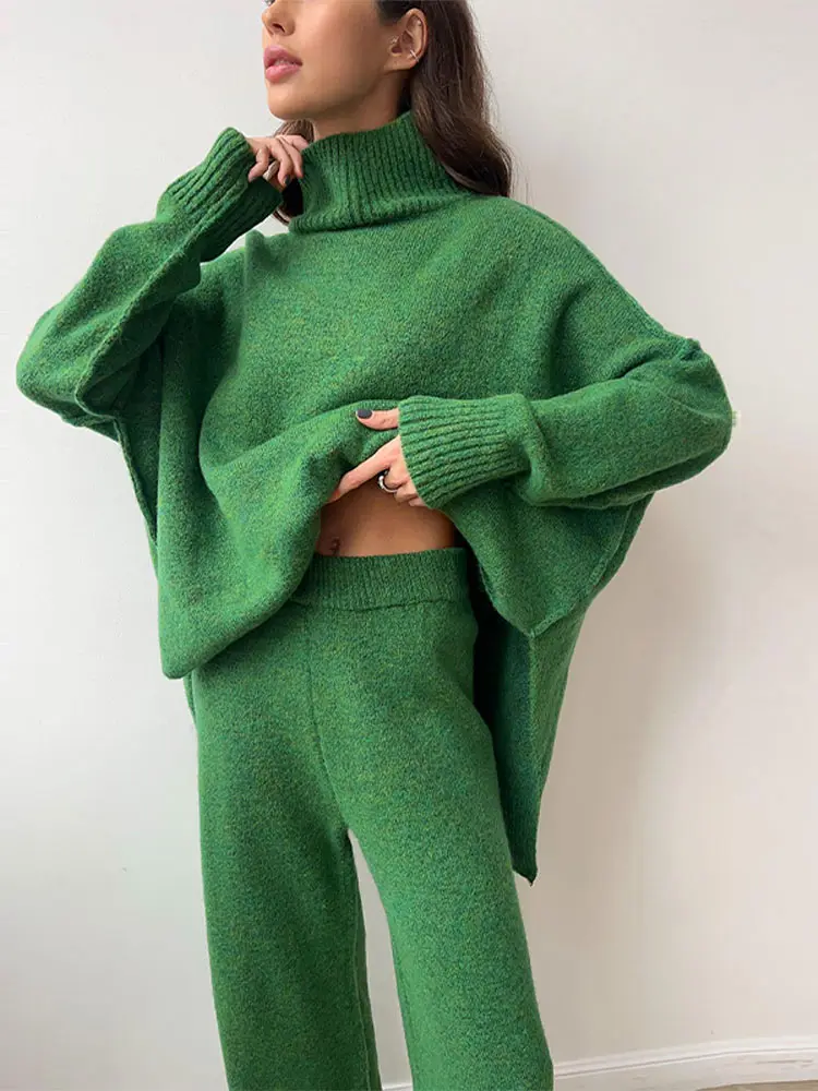 

Spring New Knitted Women Two Pieces Sets With Trousers Casual Loose Turtleneck Sweater High Waist Long Pants 2025 New Lady Suit