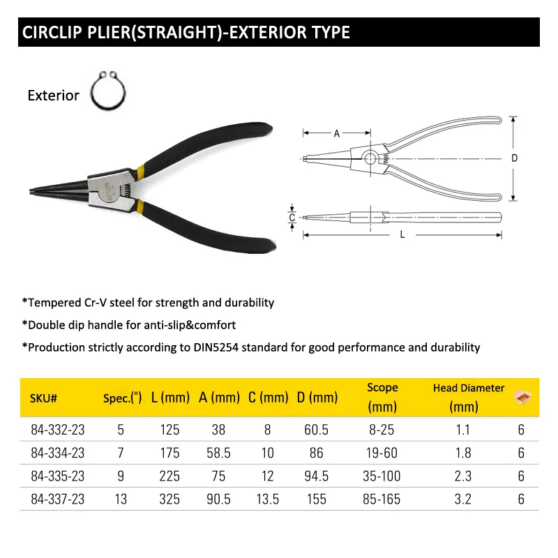 Stanley 1-Pcs 5 7 9 13 Inch Professional Small Large Circlip Pliers Long C-clip Plier Internal External Moon Ring Removal Tools