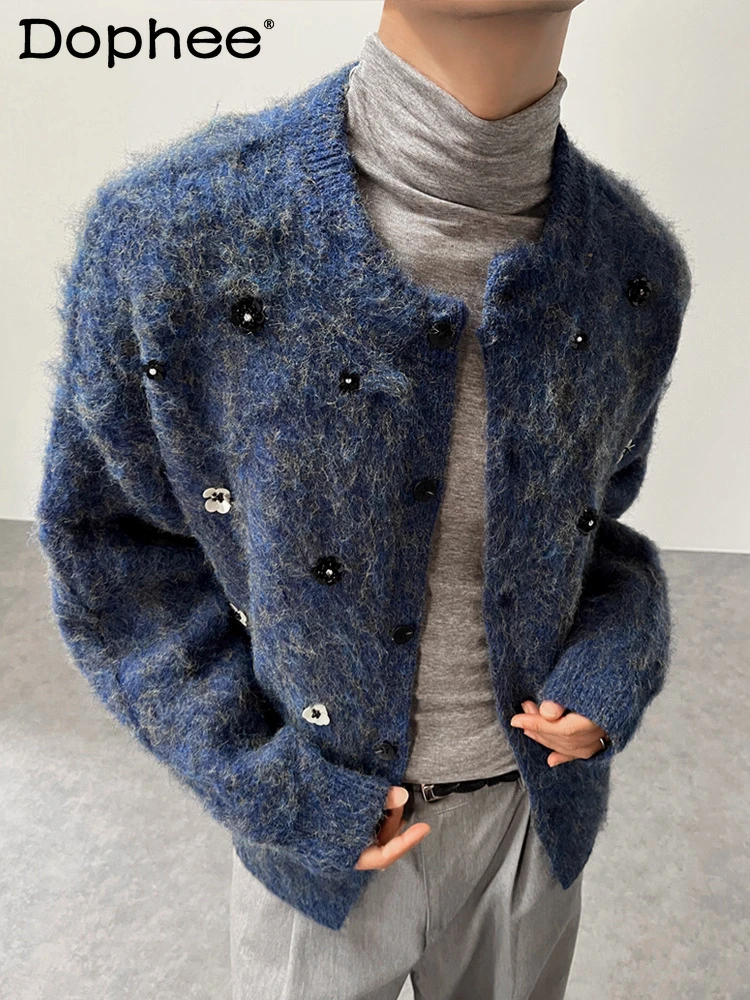 

Men's 2025 Autumn Winter New Knitted Top Beaded Fashion Sweater Cardigan High-end Warm Loose Comfort Solid Color Sweater Jackets