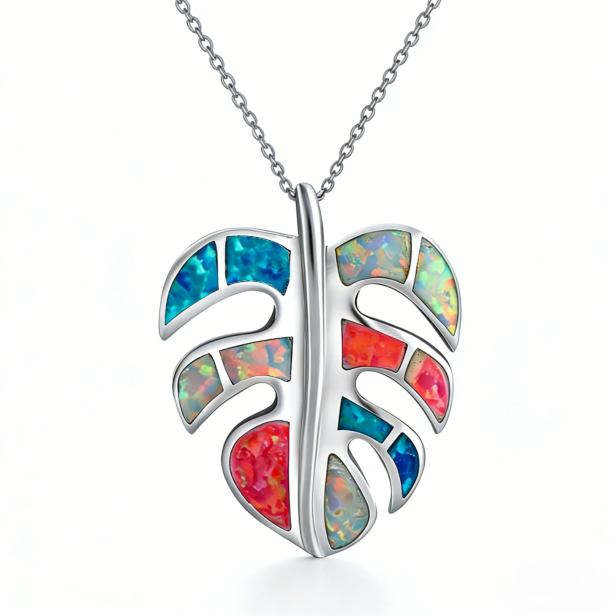 

Ожерелье с подвеской в виде яркого опалового листа, разноцветные опалы с посеребренным покрытием, изящные украшения в стиле природы, уникальный подарок для женщин