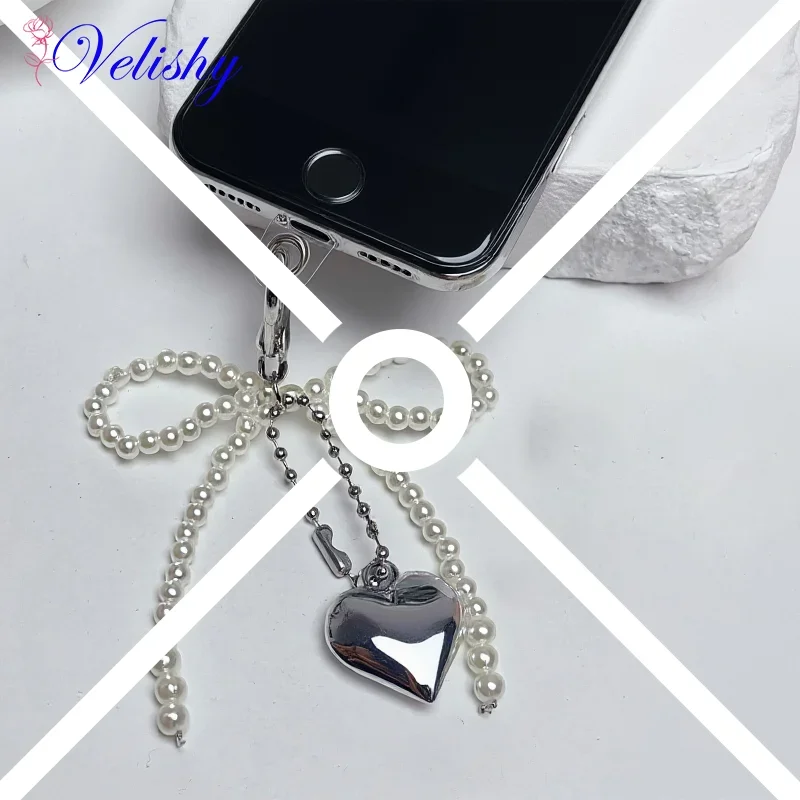 Delicate Beaded Key Chain Handmade Bow Shaped Keyring Heart Keychain Ornament Pearl Decoration For Bags And Phones