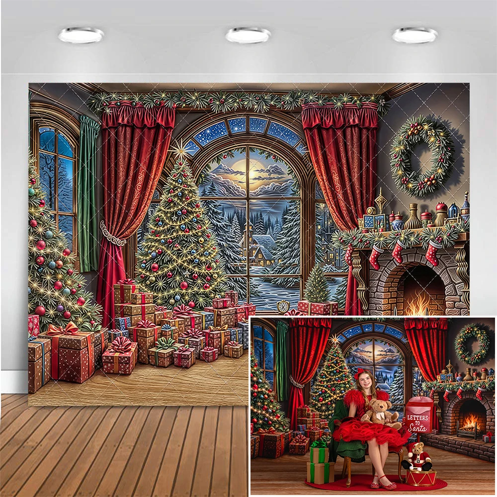 

Christmas Room Fireplace Photography Backdrop Xmas Tree Background Winter Snow Moonlight Adult Kids Photocall Photo Studio Props