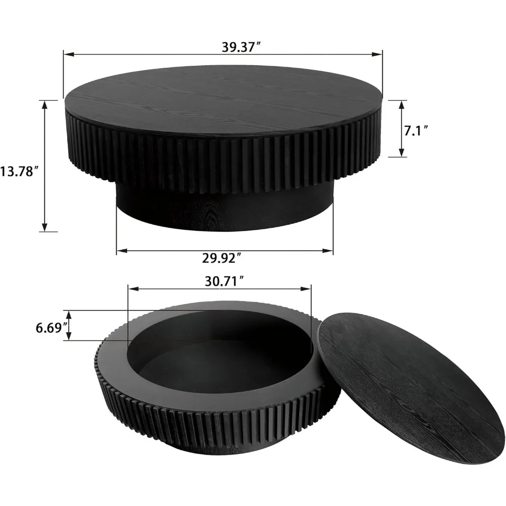 طاولة قهوة مستديرة على طراز المزرعة 39.37 مع مساحة تخزين لغرفة المعيشة والشقة والمكتب باللون الأسود #2
