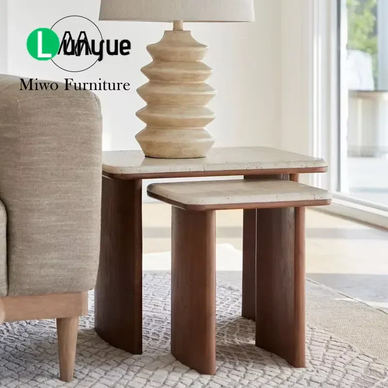 Modern Natural Wood Marble Corner Table 2 Piece Set Decorative Side Table Small Limestone Coffee Table for Living Room Center