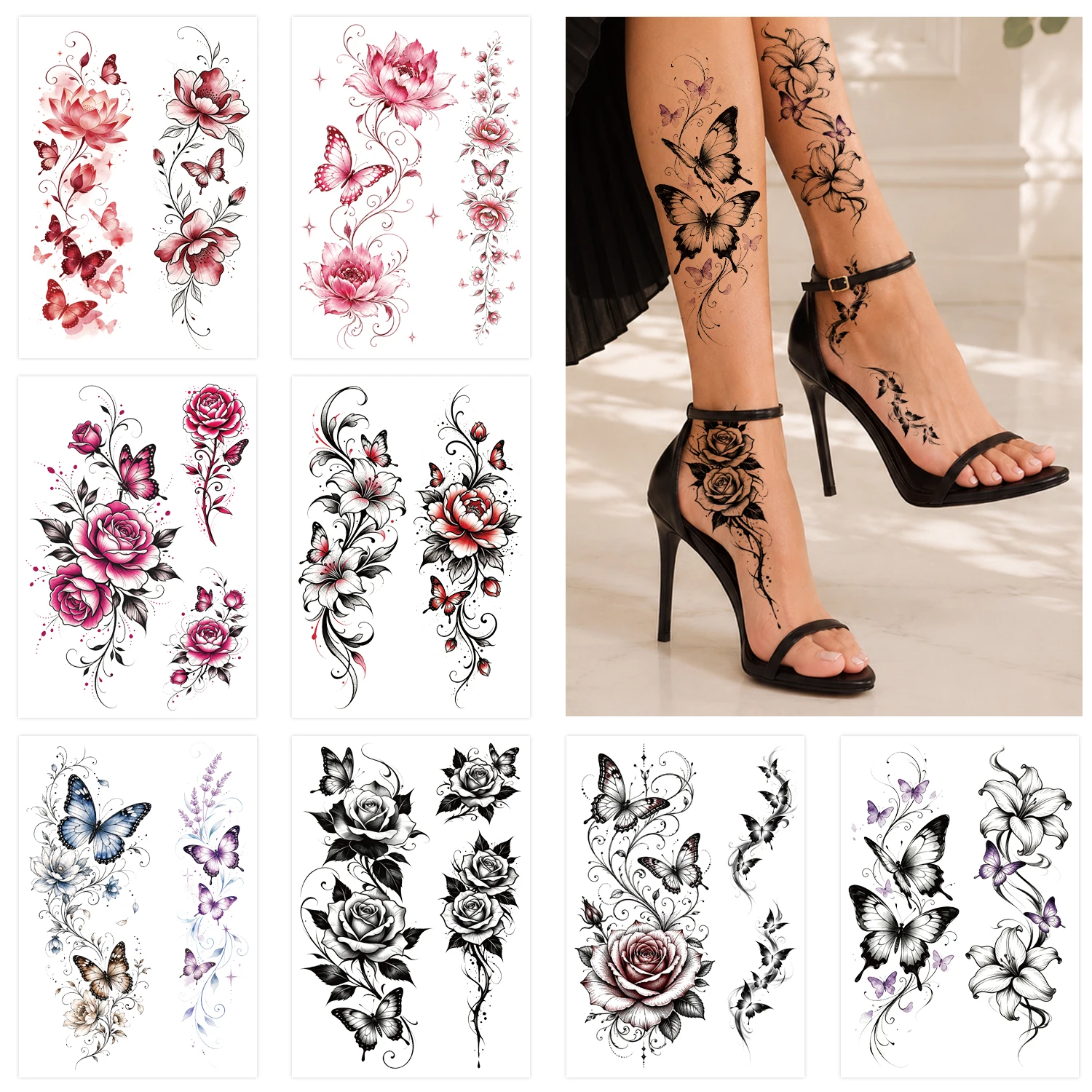 8 Sheets Beautiful Butterfly Flowers Temporary Tattoos For Women Feet Hands Body Art, Realistic Rose Peony Floral Fake Tattoo