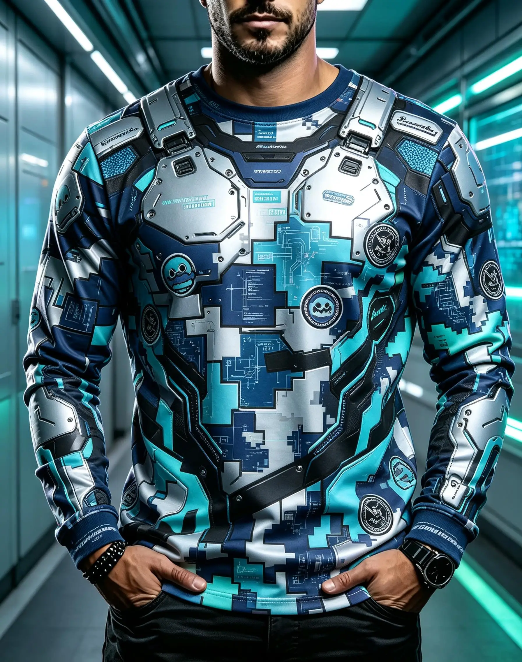Futuristic Block Mechanical Plate Warning Stripe Graphic Long Sleeve Tee, Men Polyester Cyber Tech Shirt