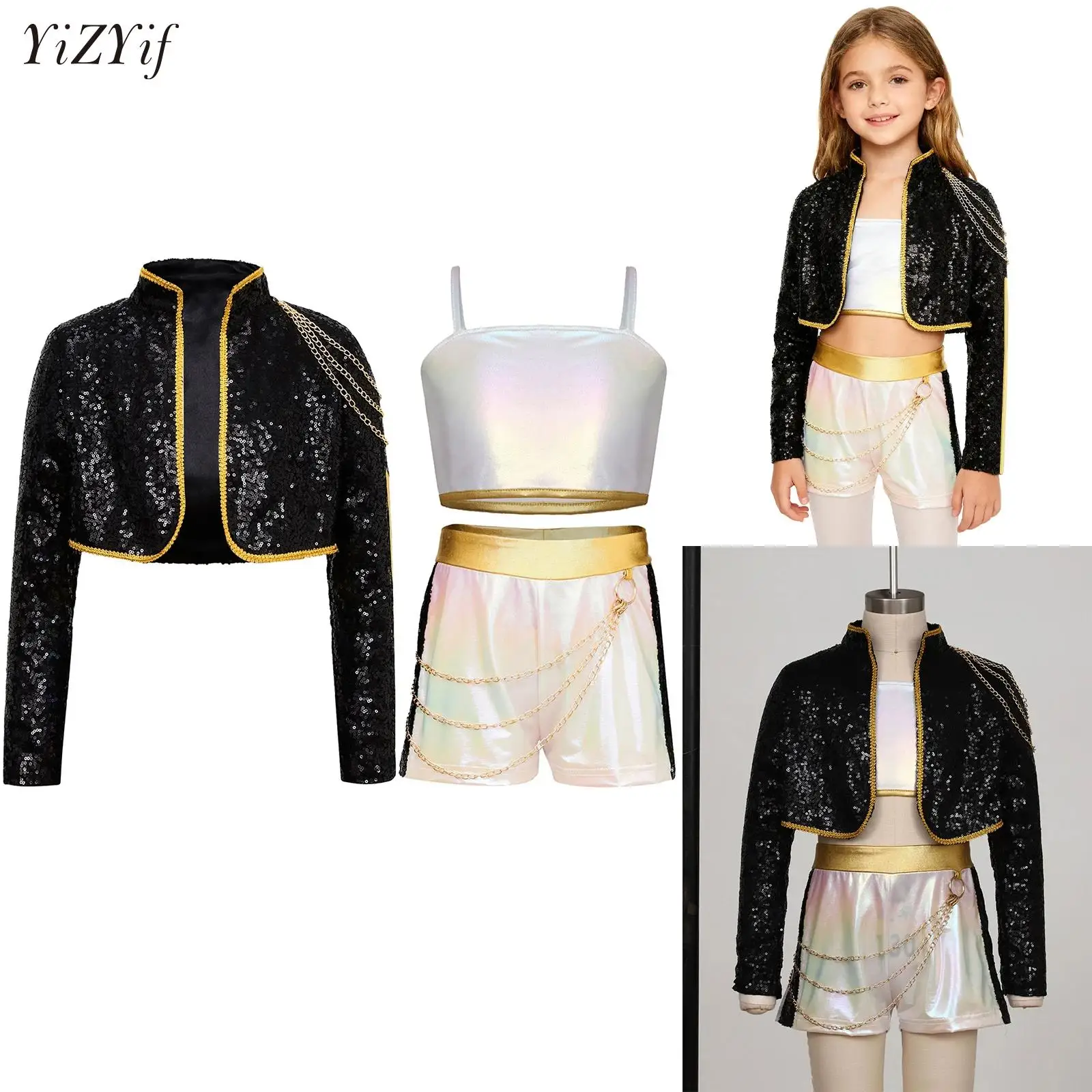 

Anime Movie Singer Costume Teens Girls Demon Cosplay Hunters Suit Clothes Iridescent Gloss Crop Top with Jacket and Shorts/Skirt