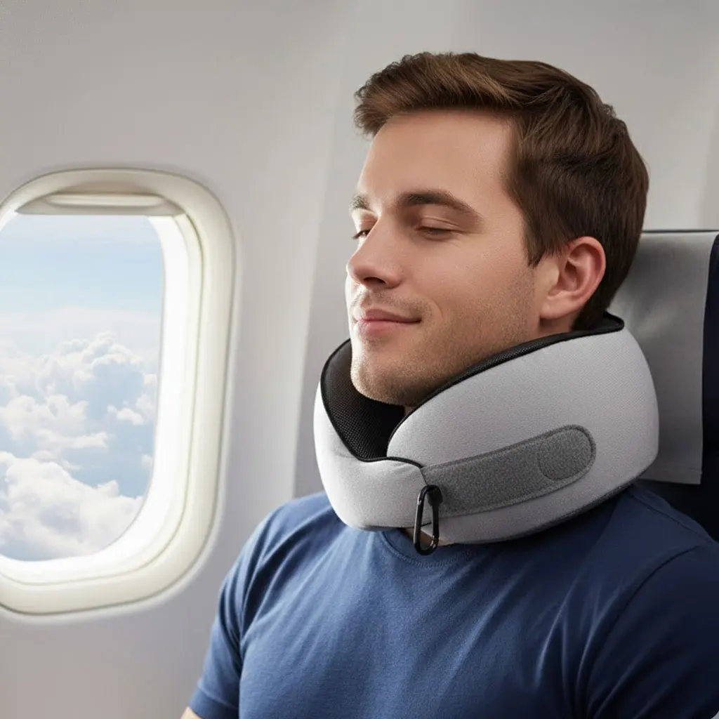 

Memory Foam Travel Neck Pillow - Portable & Compressible U-Shaped Support for Airplane, Office Nap & Cervical Relief