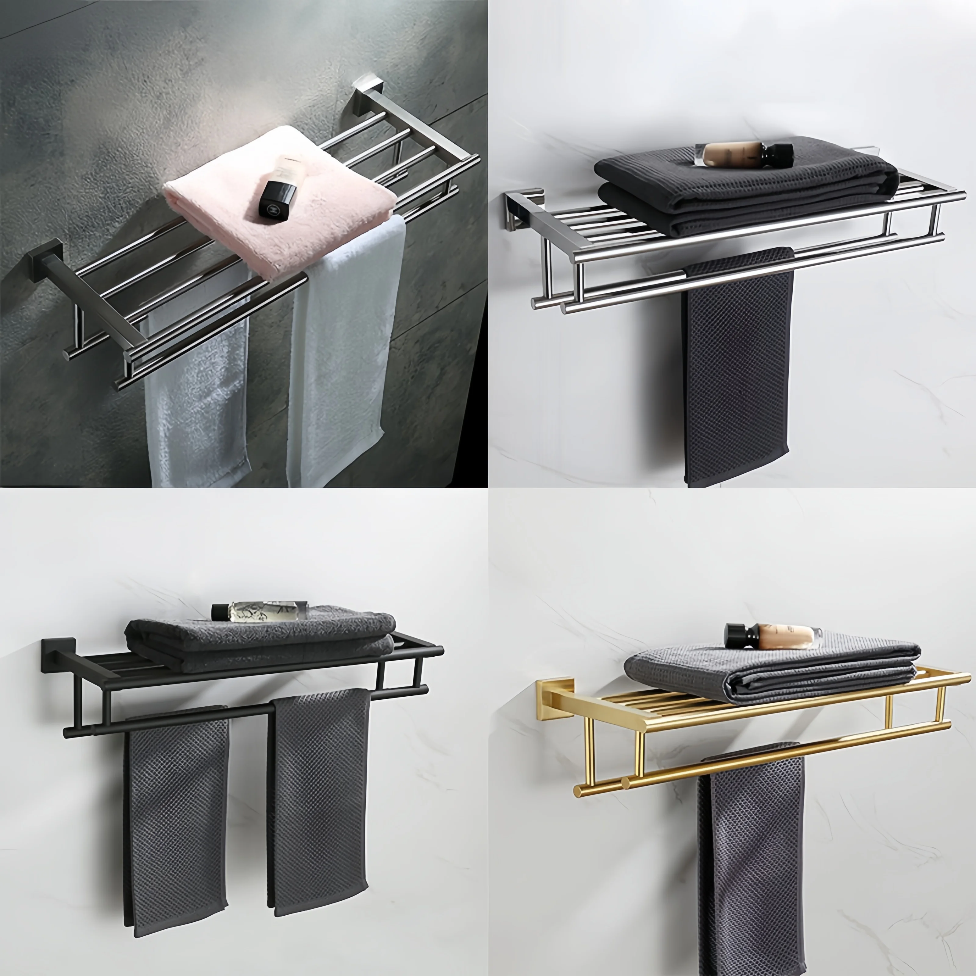 Brushed Gold 304 Stainless Steel Double-Layer Towel Rack Bathroom Black Chrome Brushed Towel Rack Minimalist Style