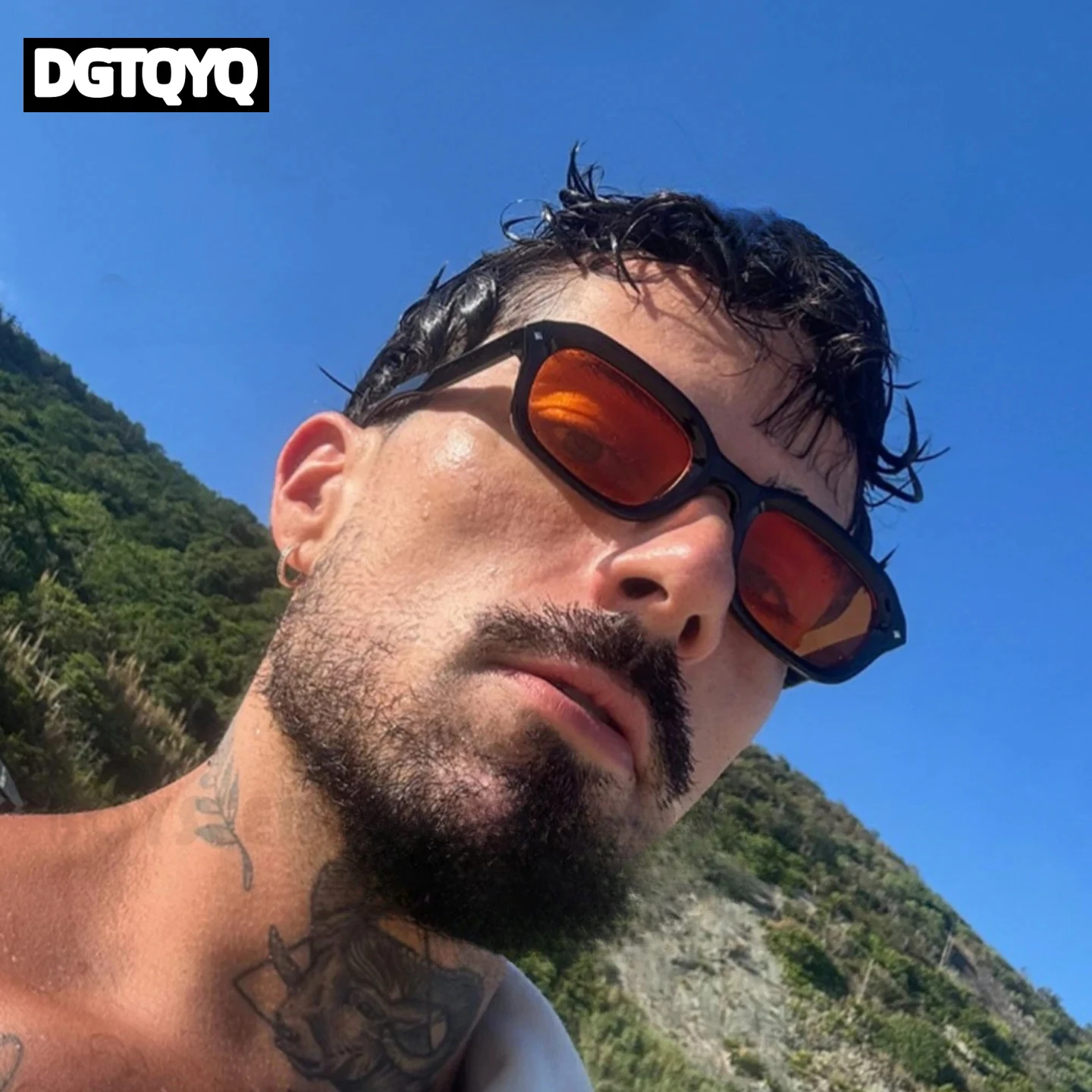 DGTQYQ Beach Sunglasses Man Summer Orange Sun Glasses UV400 Narrow Frame Square Punk Sunglasses Show Lentes De Sol Hombre