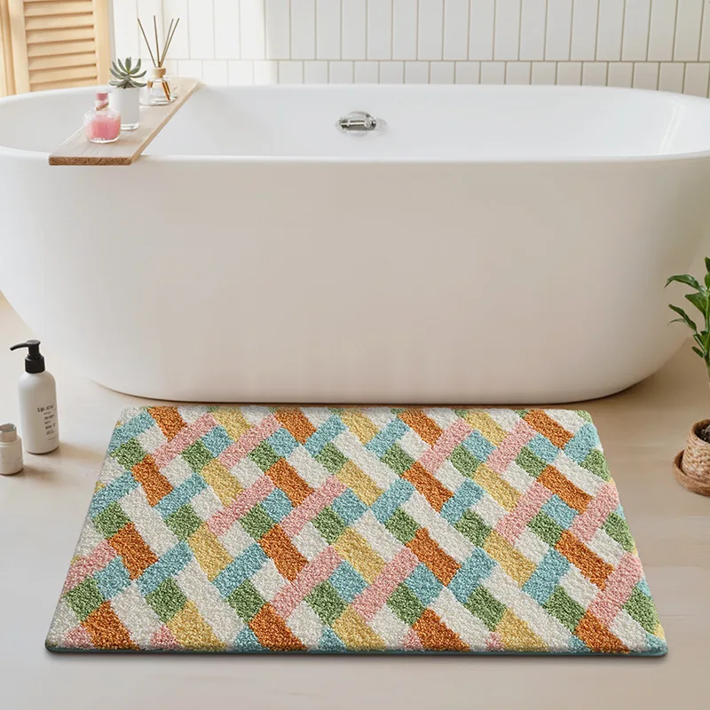 Geometric Pattern Flocked Microfiber Bath Mat, Thick Soft Bathroom Rug, Super Absorbent Non-Slip Shower Floor Mat for Home