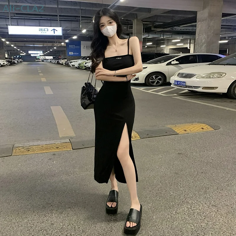 

Sexy Spaghetti Strap Dress Women's Mid Length High Slit Summer Casual Dresses