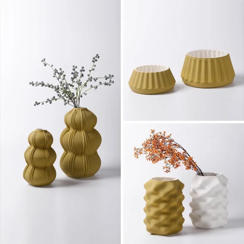Modern yellow gourd ceramic art vase flower ware ornament model room living room creative flower pot soft decoration jewelry