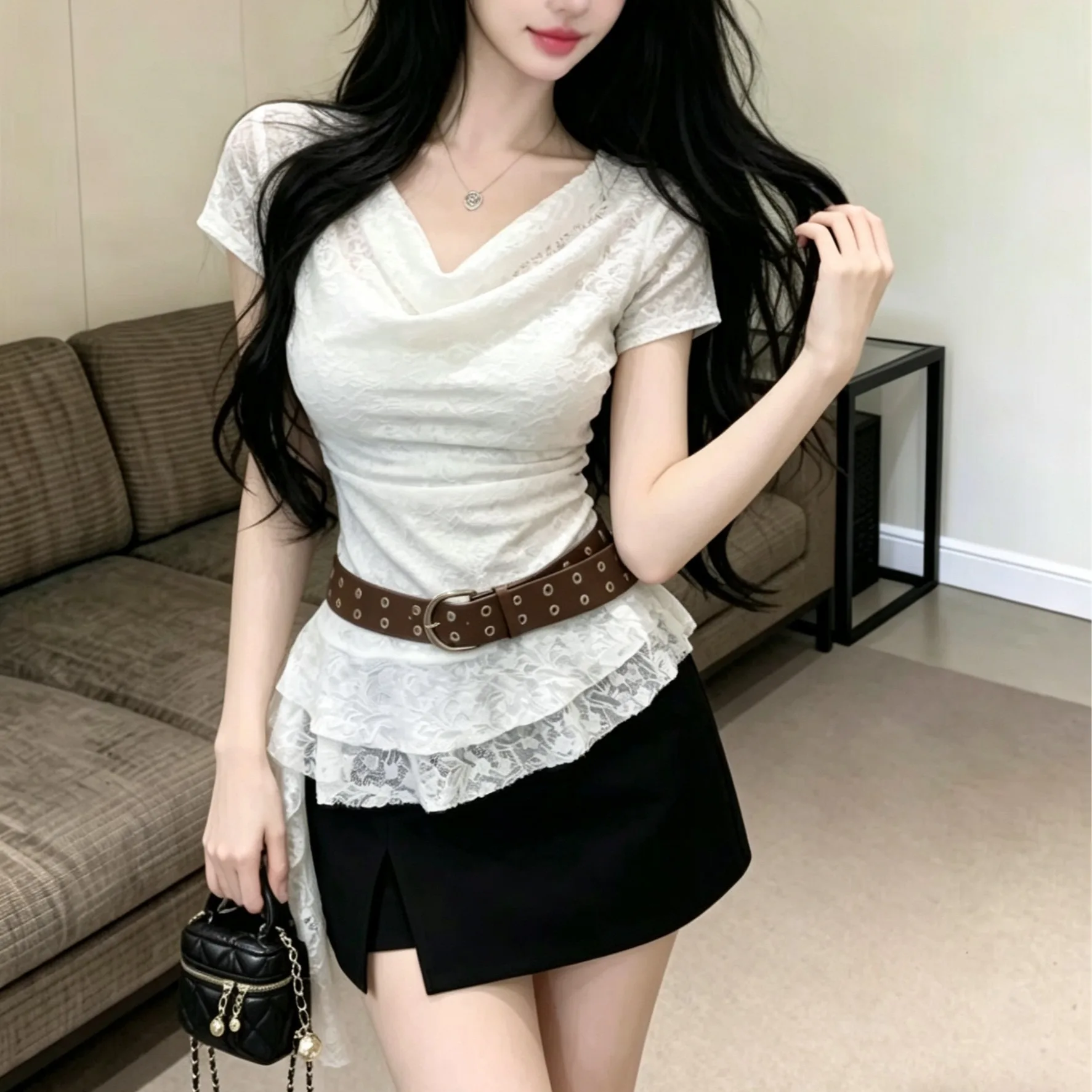 

Korean Style Women's Lace Top Summer New Style Slimming Waist T-Shirt Layering with Belt Irregular Hem Flip Collar Short Sleeve