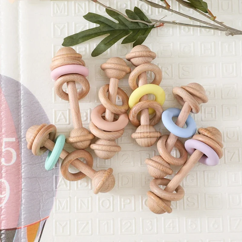 Baby Wooden Montessori Toys Music Rattle Hand Bells Teethers Beech Wooden Rings Star Rattle Soother Teether Toys Chew Baby Toys