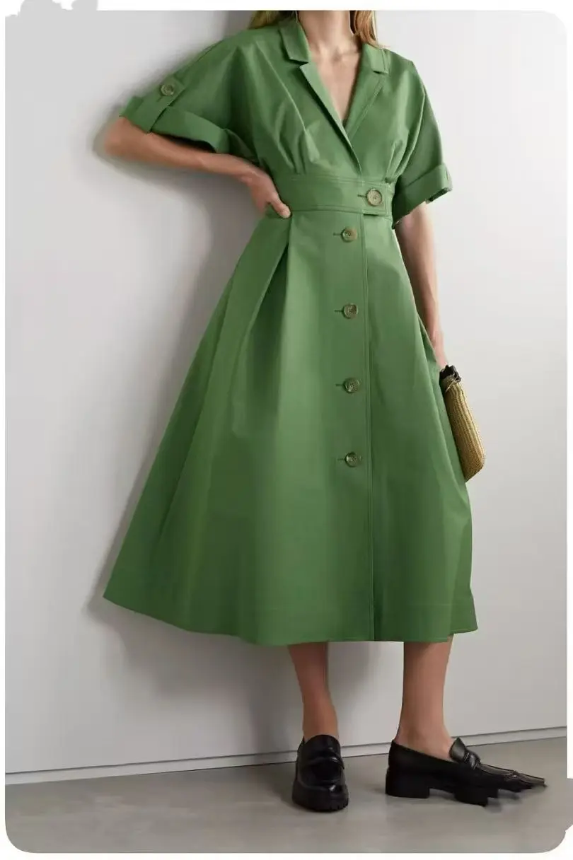 فستان قميص نسائي من القطن عالي الجودة بأكمام 1/2 ورقبة على شكل حرف V #1