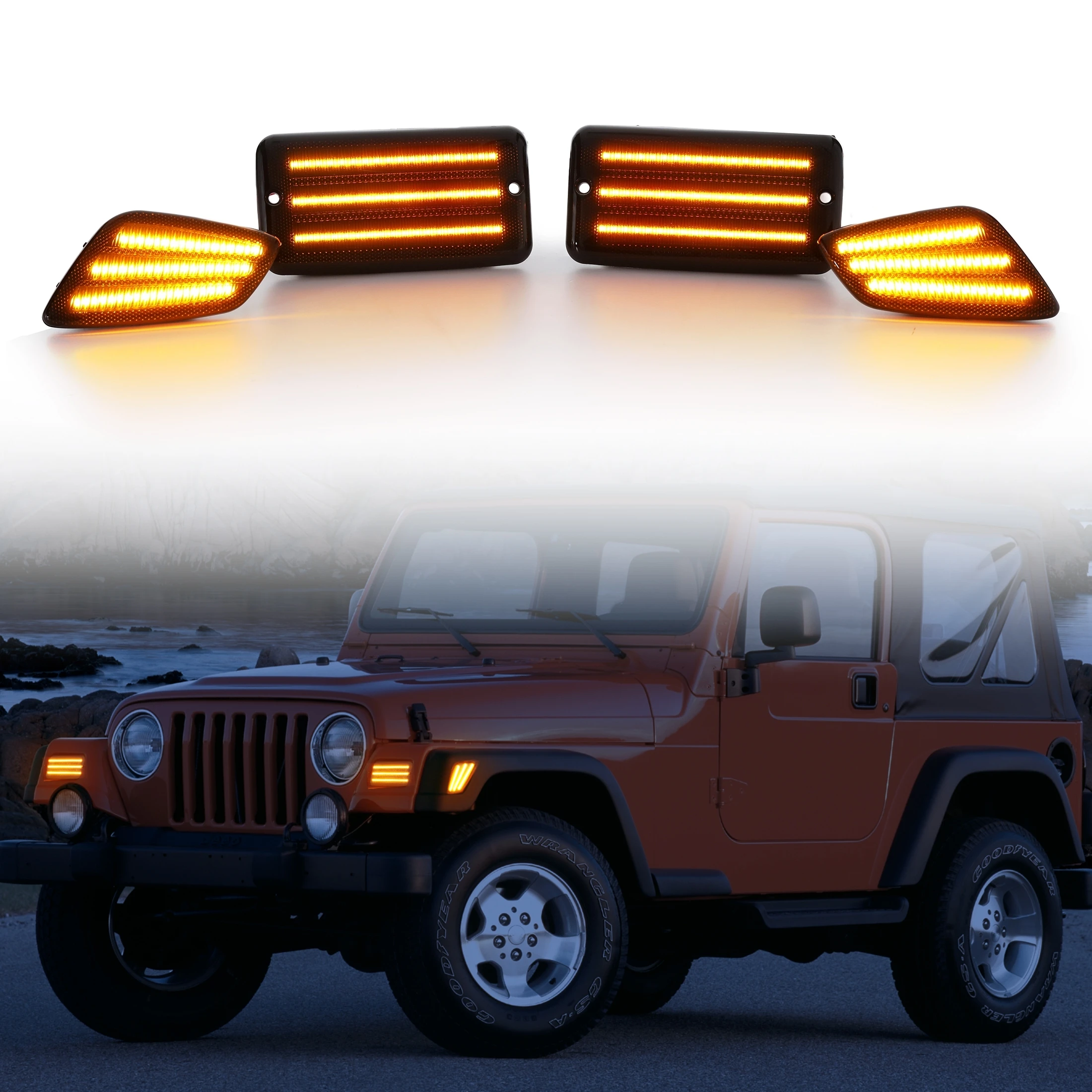 4Pcs LED Signal Light For Jeep Wrangler TJ 1997-2006 Front Bumper Parking Lamp & Front Fender Side Marker Lamps Black Shell