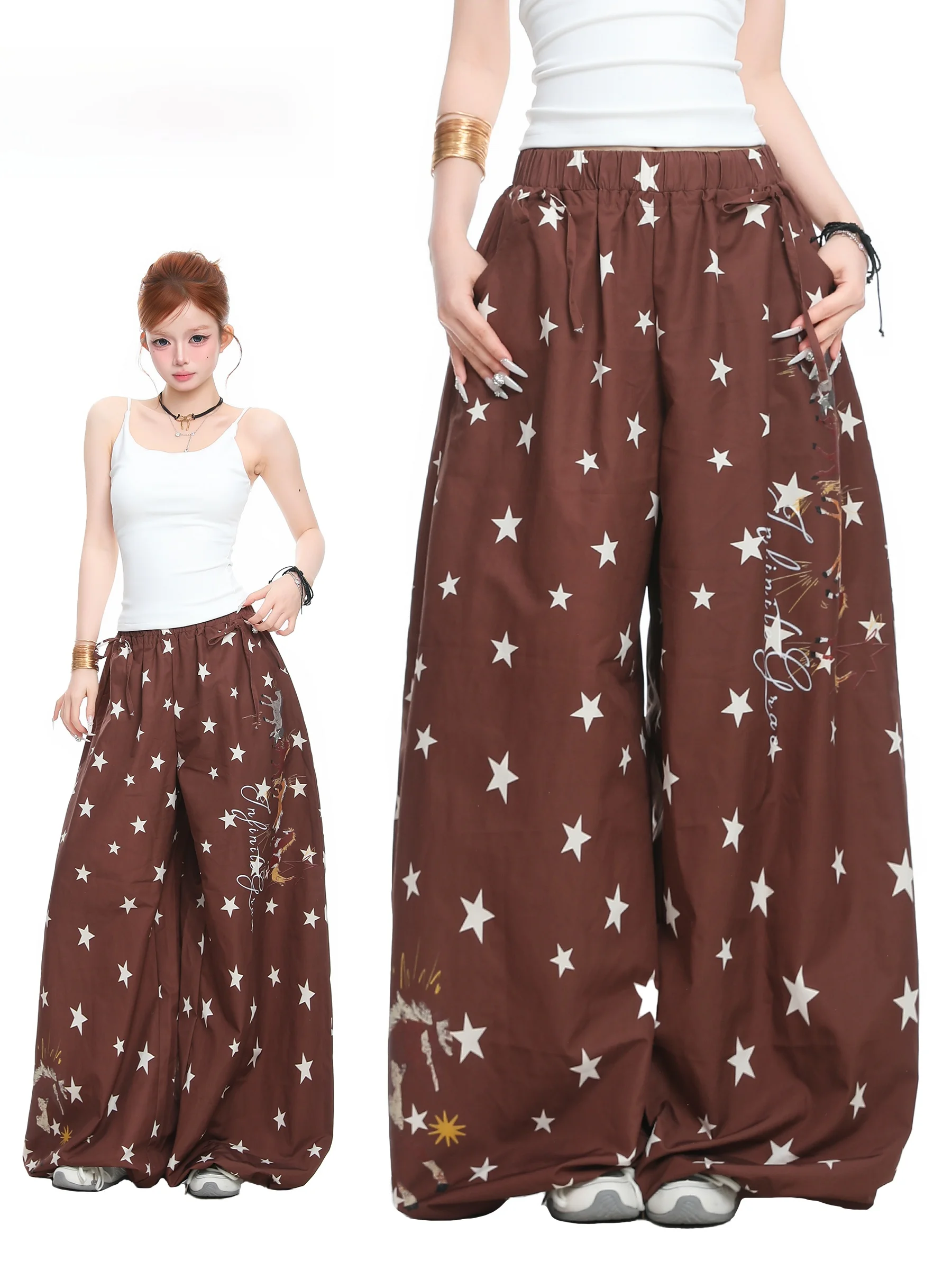 BASTERDS American Retro Star Print Wide Leg Casual Pants Women's Loose Drapey Floor Length Pants High Waist Straight Leg