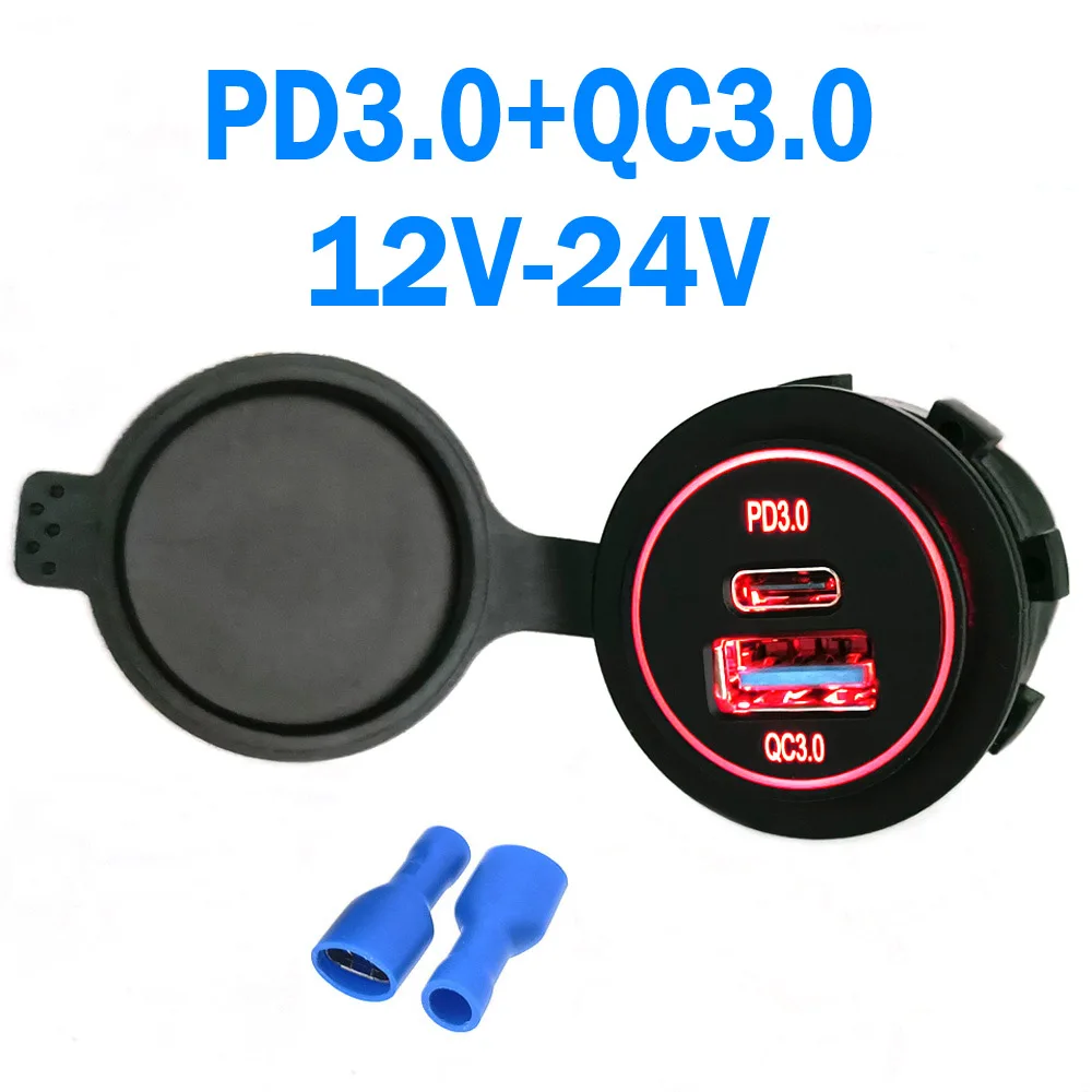 

12V-24V PD3.0+QC3.0 Car USB Port Waterproofing Car Charging Connector Type-C Socket Panel Mounting With LED Voltmeter