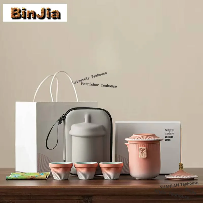 Gradient Color Palace Style Portable Travel Tea Set Kit Luxury 1 Pot 3 Cups Tea Brewing Handbag Teaset Supplies Decoration Gifts
