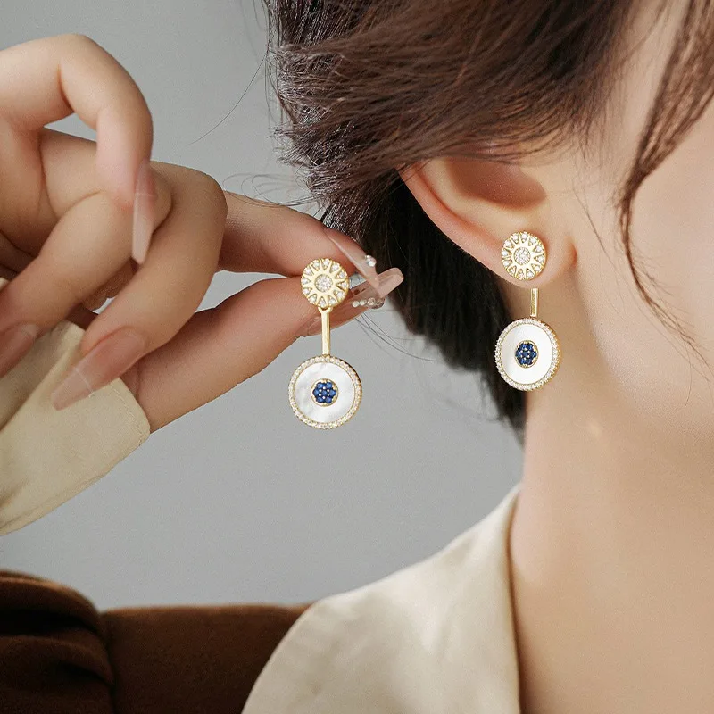 OEMG Front and Rear Full of Diamond Zircon Shell Earrings, Fashionable Design Earrings.