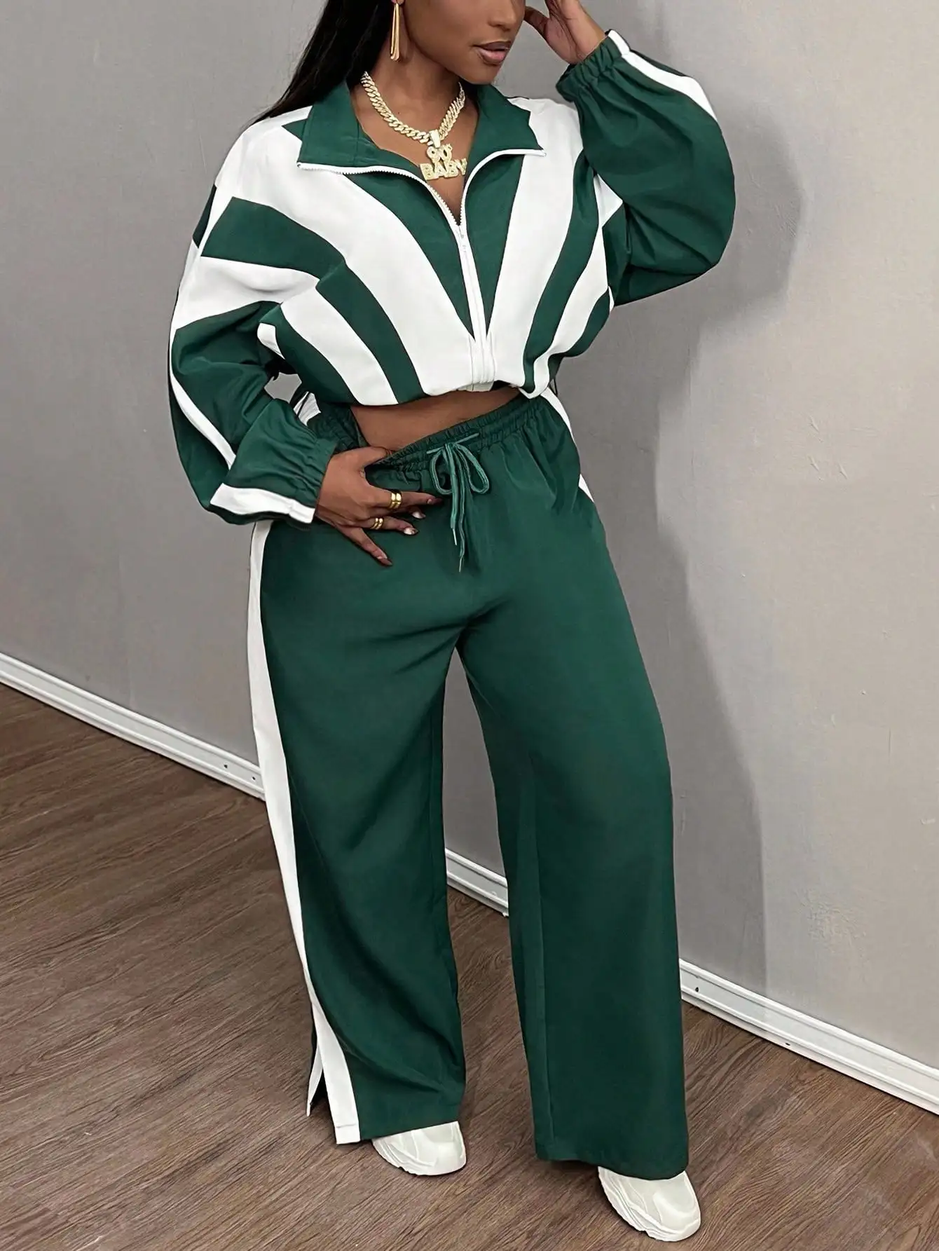 Women's Green & White Color Block Cropped Zip-Up Jacket and Wide-Leg Pants Set