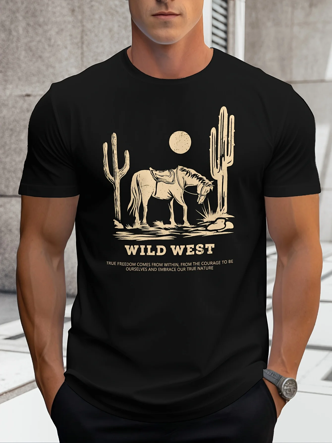 Men'S Graphic Tee Featuring a Wild West Cowboy And Horse - Made from Breathable, Short Sleeves, Crew Neck, Eye-Catching Animal Design, Perfect for Casual Summer Outfits, Unique Color, Knit Fabric