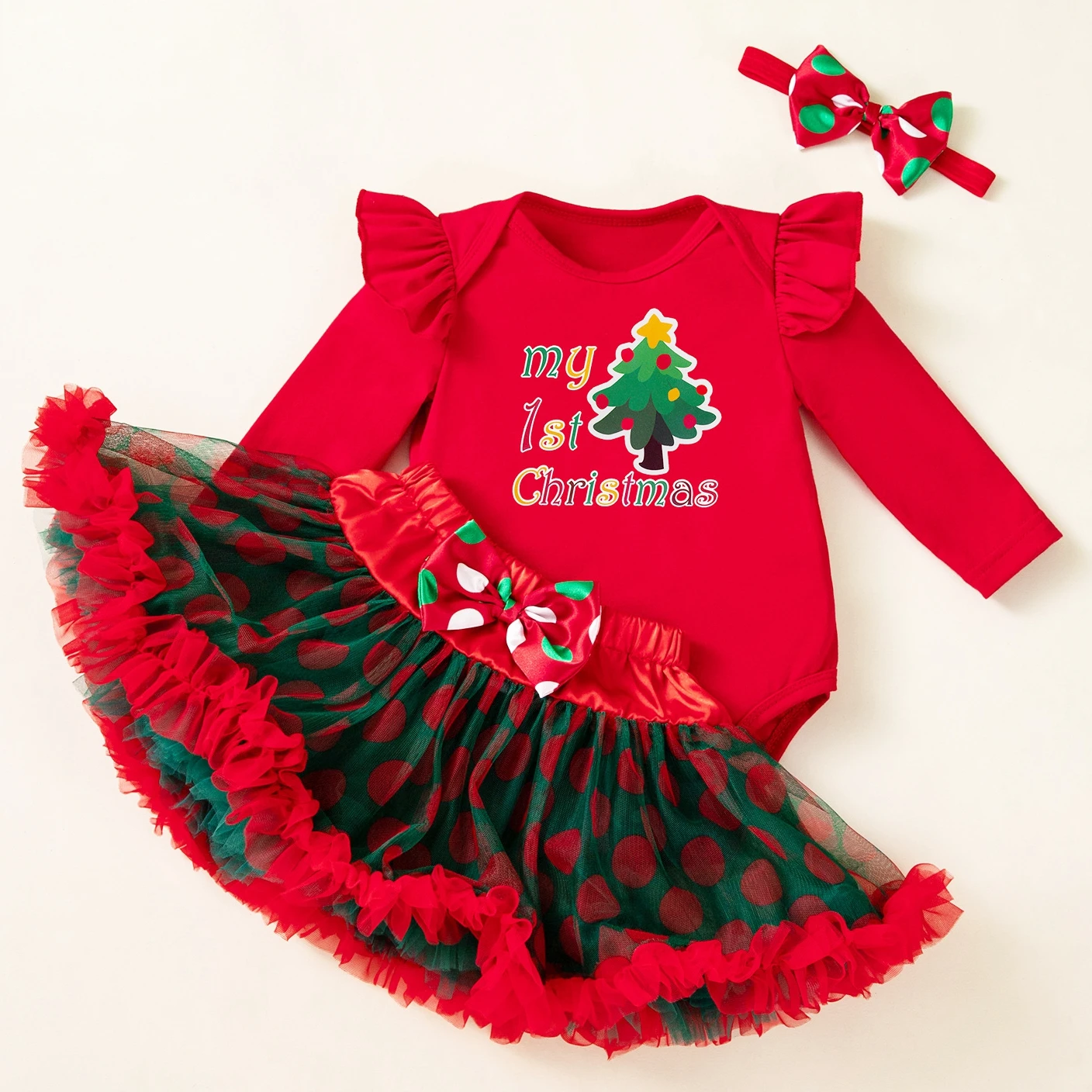 First Christmas Outfit Baby Girl Long Sleeves Red Bodysuit Dots Cake Smash Skirt Headband Princess Chritmas Clothes Party Wear