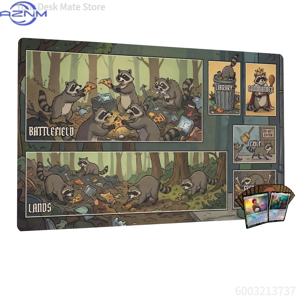 Cute Trash Panda Raccoon Themed Game Playmat, Divided Battle Zones Table Mat, Extended Mouse Pad for Trading Card Games & Office
