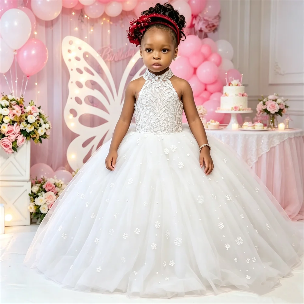 Customized White Flower Girl Dresses Wedding Tulle High Neck Girl's Pageant Dress First Communion Party Gowns
