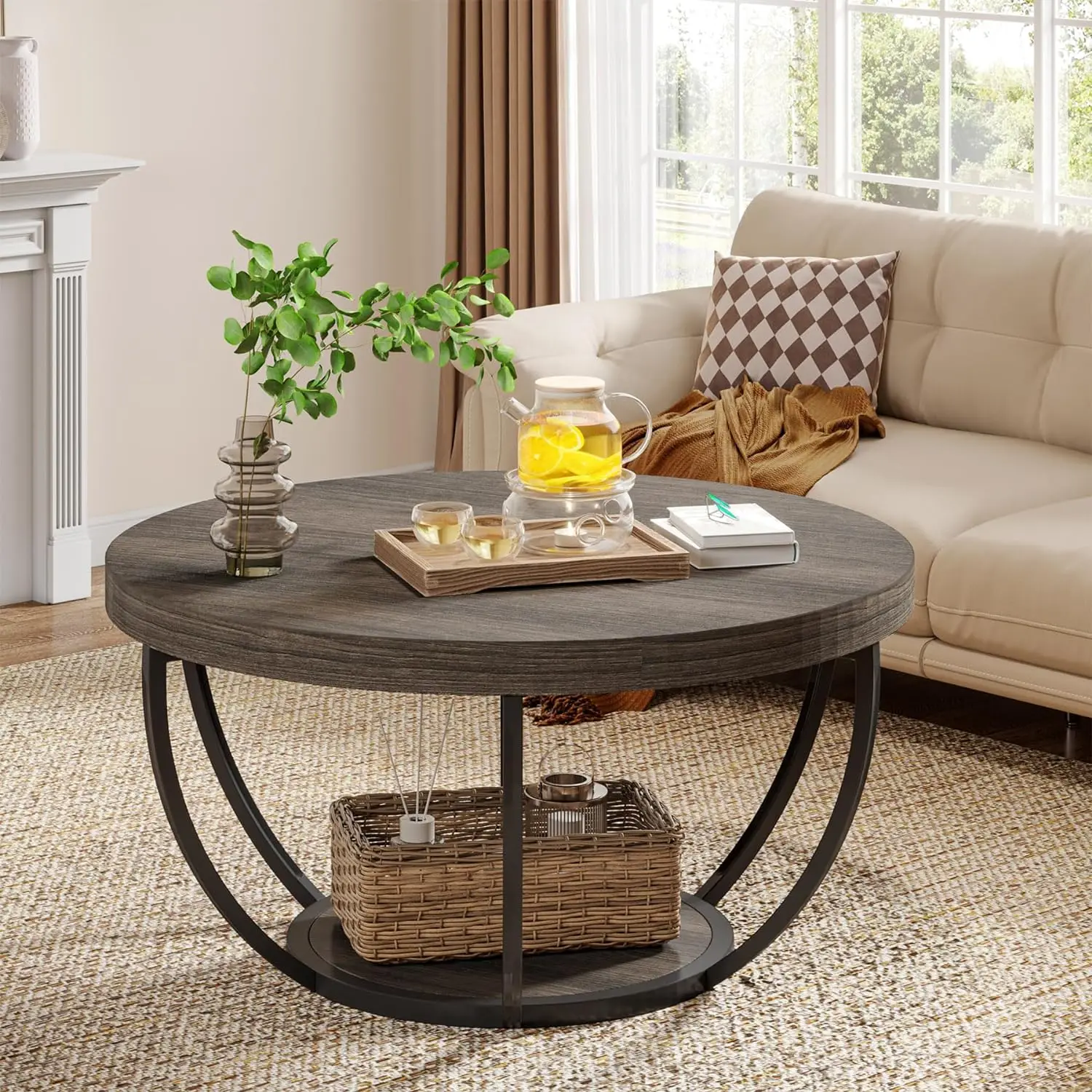 Round Coffee Table, Industrial Circle Coffee Table with Storage Shelves, Modern Wooden Accent Center Table for Living Room