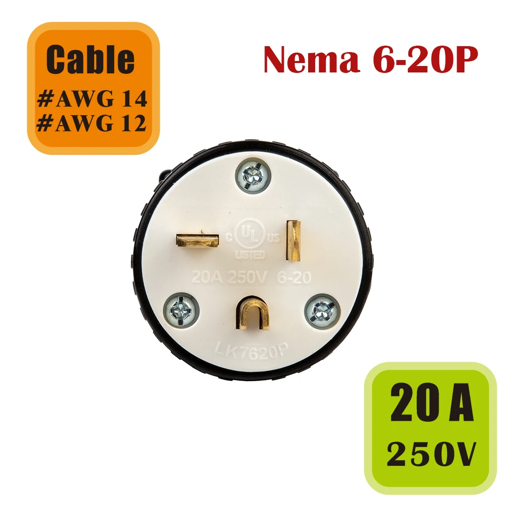 NEMA 6-20P wymienne złącze wtykowe męskie przedłużacz 20 Amp 250 Volt 2 Pole 3 przewód uziemiający 1pc