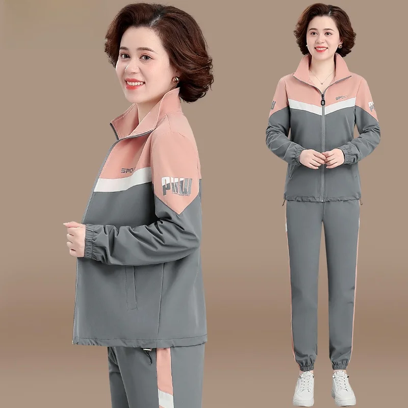 

Модный повседневный спортивный костюм для молодых мам: комплект из двух предметов с верхней одеждой и брюками, свободный крой, на молнии, для женщин среднего возраста