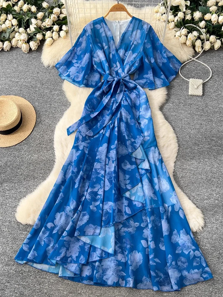 فستان ماكسي نسائي مطبوع عليه زهور على شكل حرف v ملفوف من الأمام وأكمام طويلة فستان شاطئ صيفي بوهو أنيق للحفلات رداء 2026 جديد #3