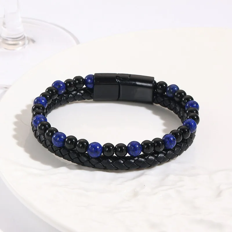 Black Shining Volcano Tiger Eye Bead Natural Stone Bracelet Men's Cowhide Rope Bracelet Hand String Jewelry Gift