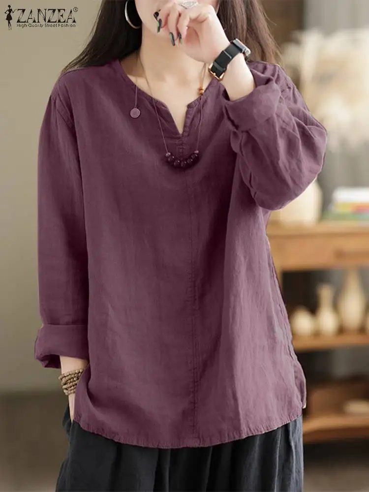 ZANZEA Autumn Women Vintage Cotton Blouse Fashion Solid Loose Shirt Work Tunic Blusas Mujer 2024 Female V Neck Long Sleeve Tops