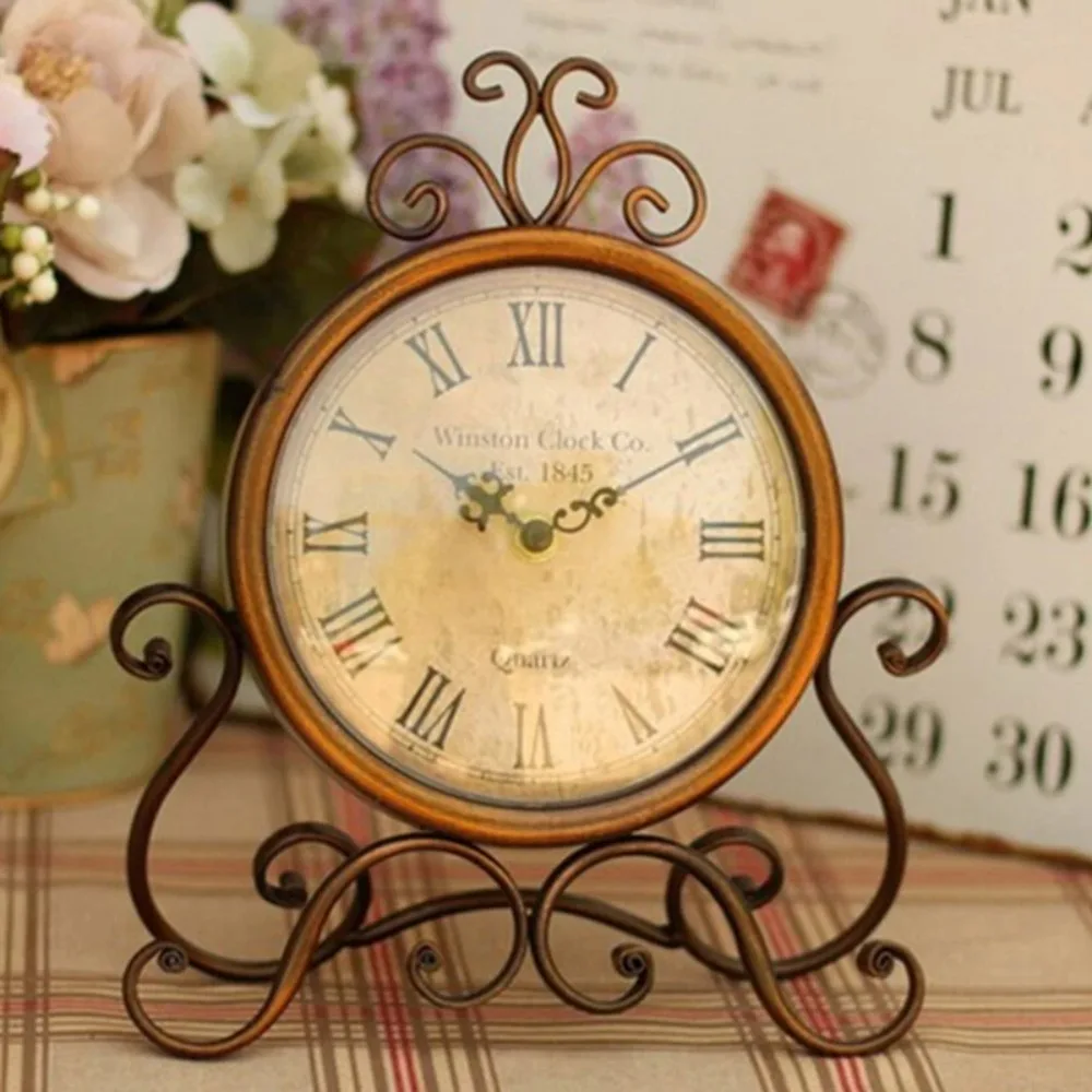 Vintage Retro Clock Iron Ornament Battery Operated Silent Table Alarm Clock Home Bedroom Living Room Office Decor Best Gift
